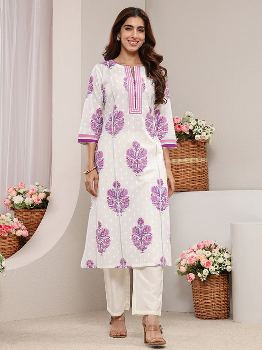 White Floral Printed Cotton A-Line Kurta