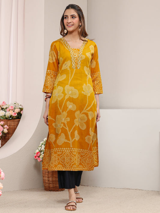 Mustard Floral Printed Cotton Straight Kurta