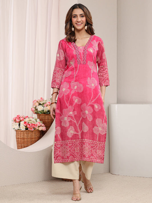 Pink Floral Printed Cotton Straight Kurta