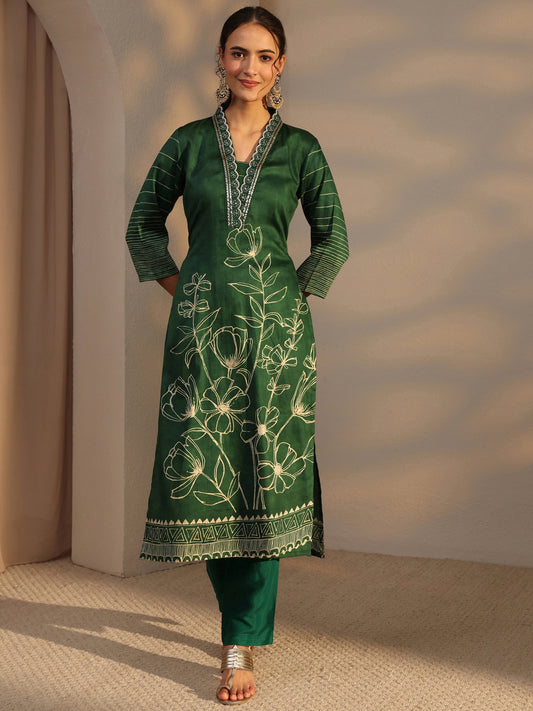 Green Floral Printed Cotton Straight Kurta