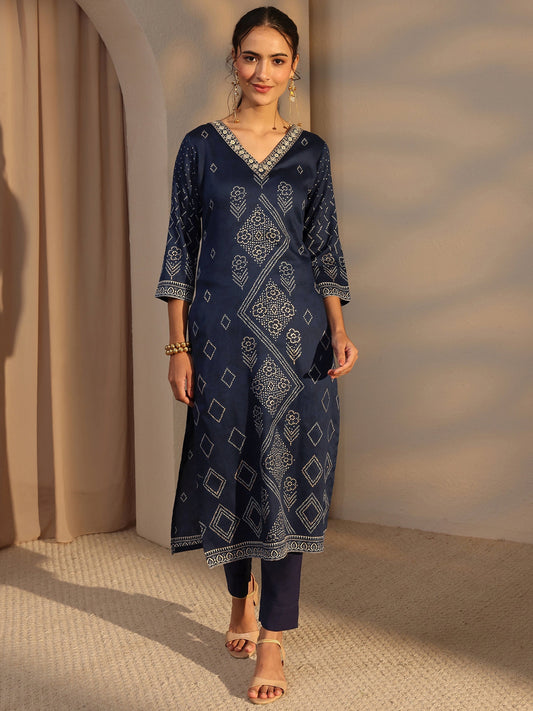 Blue Bandhani Printed Cotton Straight Kurta