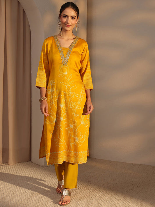 Mustard Floral Printed Cotton Straight Kurta