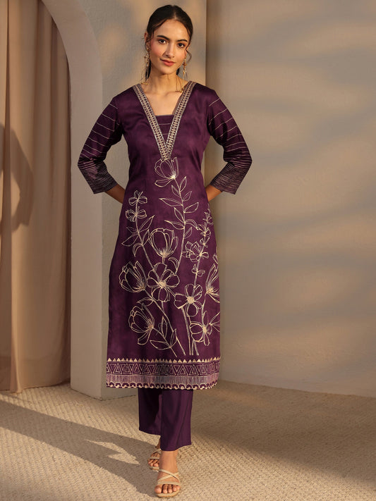 Burgundy Floral Printed Cotton Straight Kurta