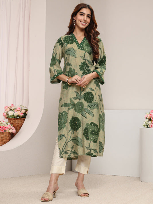 Green Floral Printed Silk Blend Straight Kurta