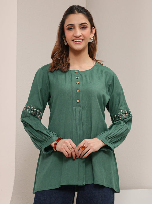 Green Solid Cotton A-Line Short Kurti