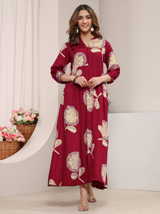 Red Floral Printed Silk Blend A-Line One Piece Dress