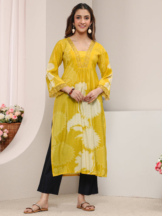 Yellow Floral Printed Silk Blend Straight Kurta