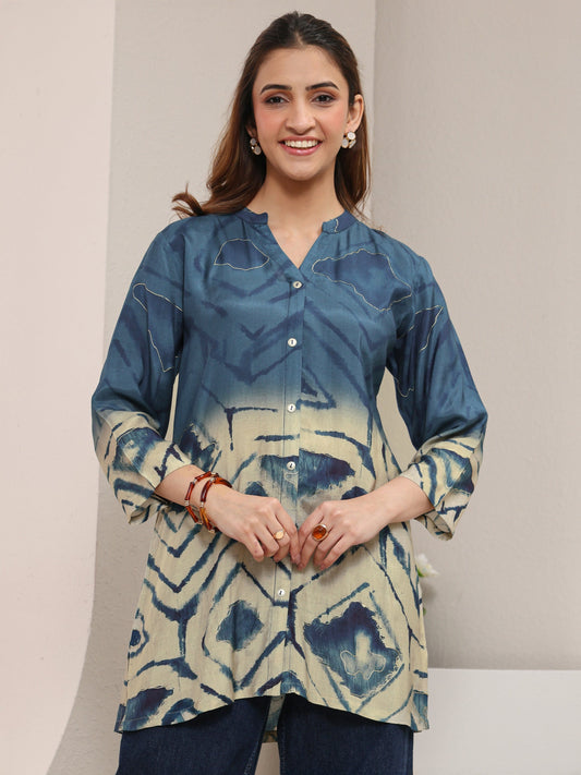 Teal Abstract Printed Muslin Straight Ombre Short Kurti