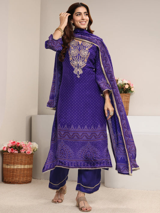 Purple Bandhani Printed Crepe Straight Suit Set With Dupatta