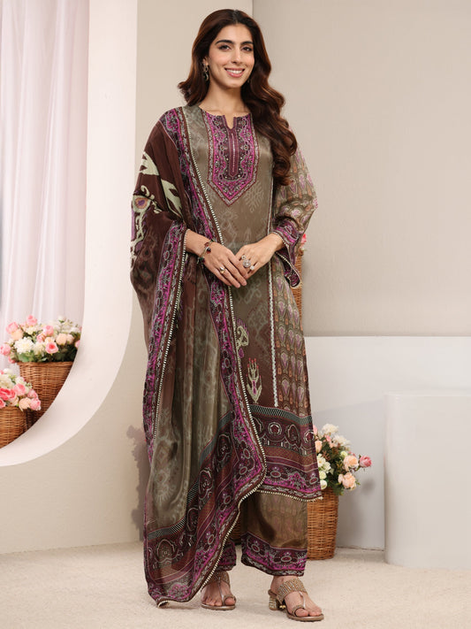 Taupe Ethnic Printed Crepe Straight Suit Set With Dupatta