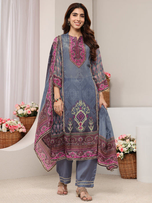 Grey Ethnic Printed Crepe Straight Suit Set With Dupatta