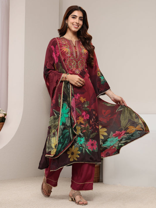 Maroon Floral Embroidered Crepe Straight Suit Set With Dupatta