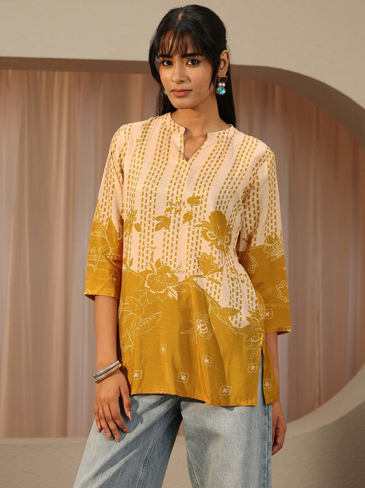 Mustard Yellow Printed Muslin Straight Short Kurti