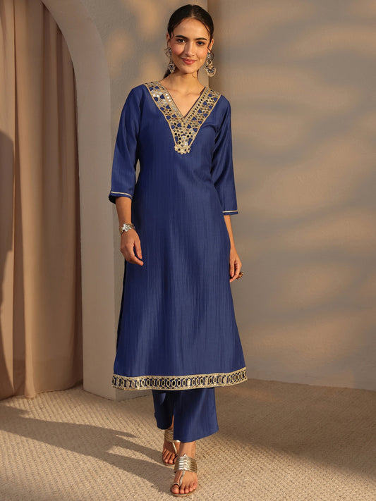 Blue Mirror Work Yoke Design Silk Blend Straight Kurta Set