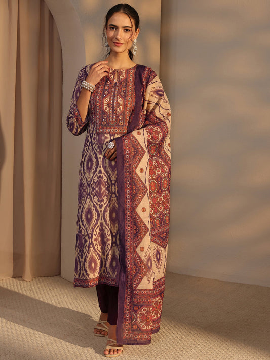Purple Printed Cotton Blend Straight Suit Set With Dupatta
