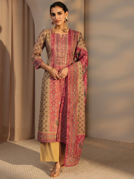 Beige Bandhani Printed Silk Blend Straight Suit Set With Dupatta