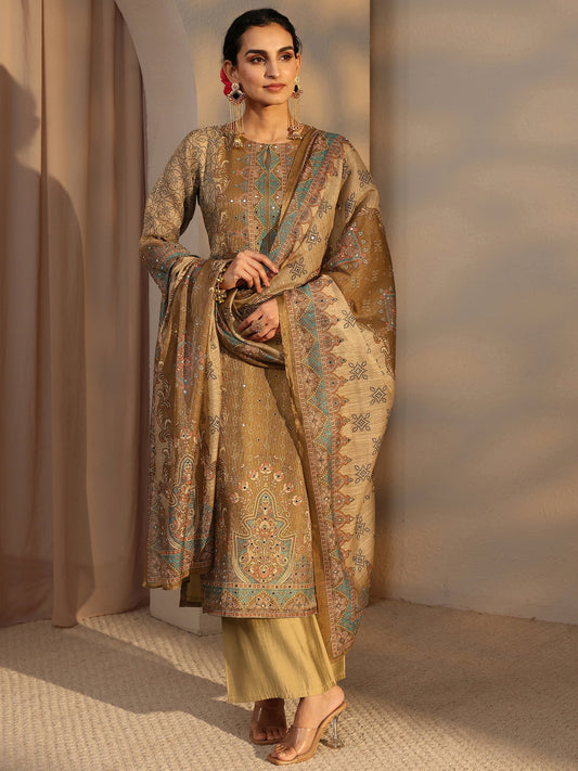Beige Ethnic Printed Silk Blend Straight Suit Set With Dupatta
