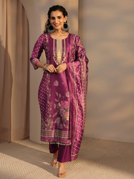 Burgundy Floral Printed Silk Blend Straight Suit Set With Dupatta