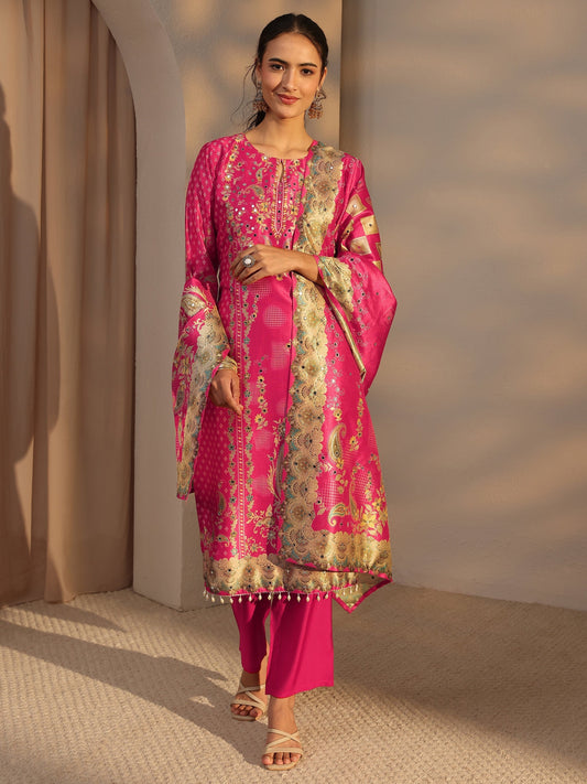 Pink Floral Printed Silk Blend Straight Suit Set With Dupatta