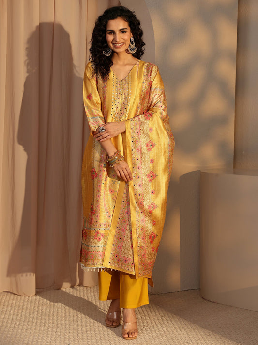 Yellow Floral Printed Silk Blend Straight Suit Set With Dupatta