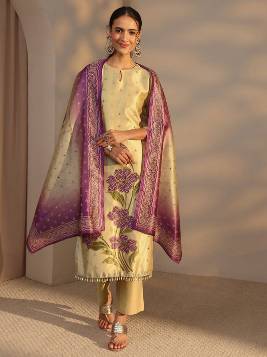 Beige Floral Printed Silk Blend Straight Suit Set With Dupatta