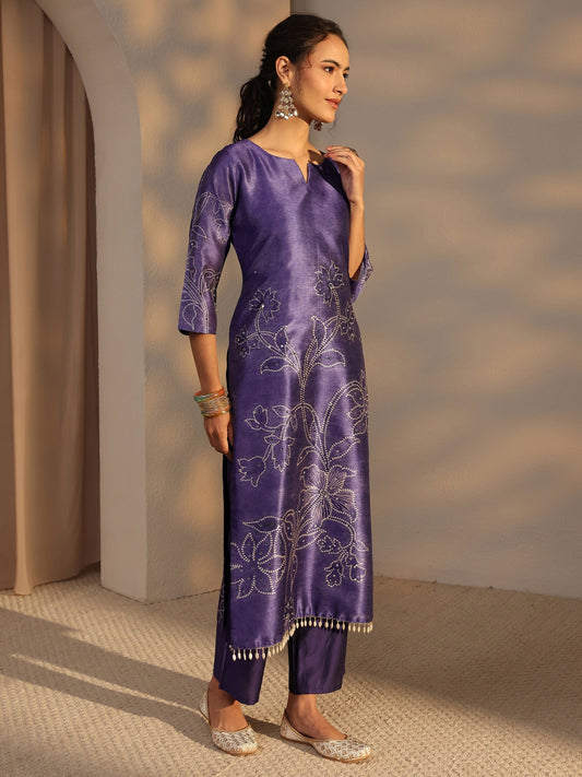 Purple Floral Printed Silk Blend Straight Suit Set With Dupatta