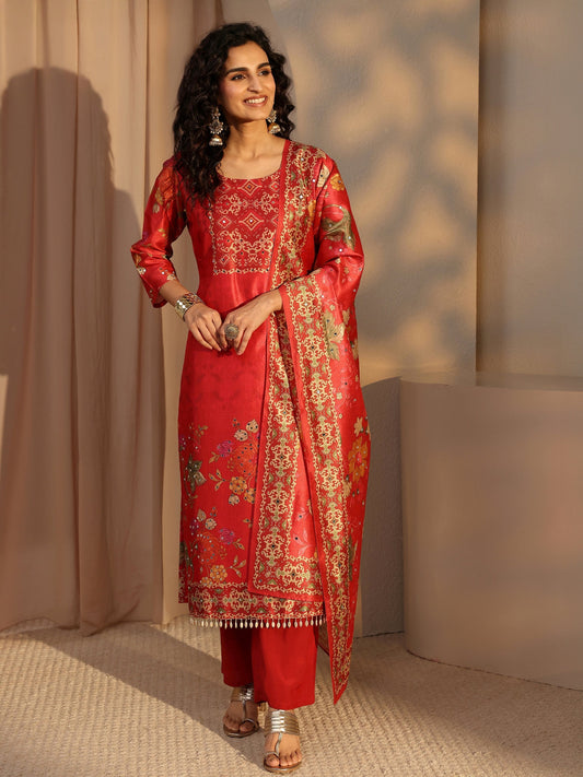 Red Floral Printed Silk Blend Straight Suit Set With Dupatta