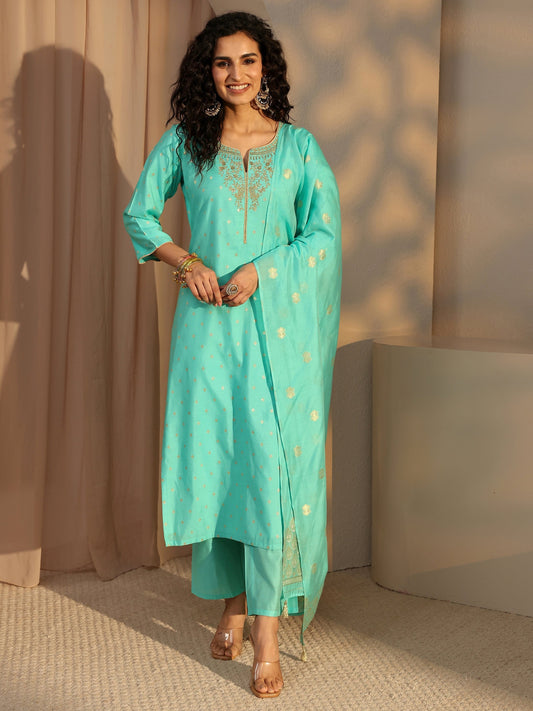 Blue Woven Design Chanderi Silk Straight Suit Set With Dupatta