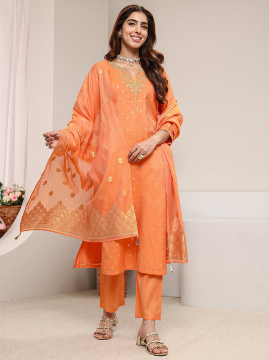 Orange Ethnic Woven Design Chanderi Silk Straight Suit Set With Dupatta