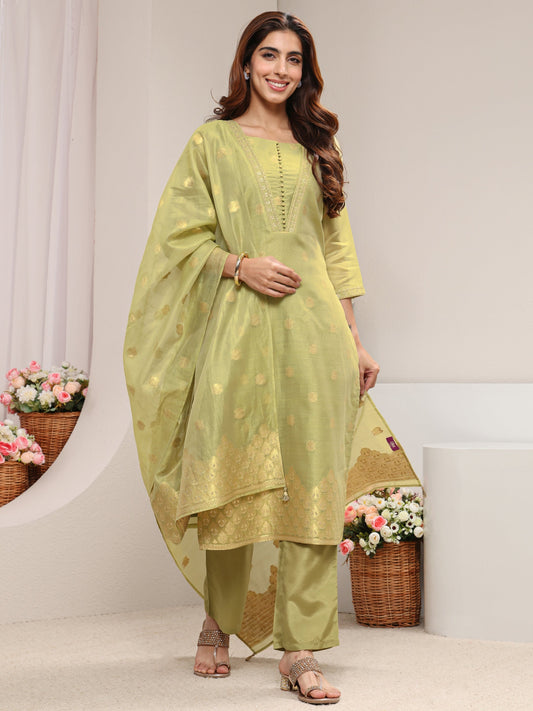 Green Ethnic Woven Design Chanderi Silk Straight Suit Set With Dupatta