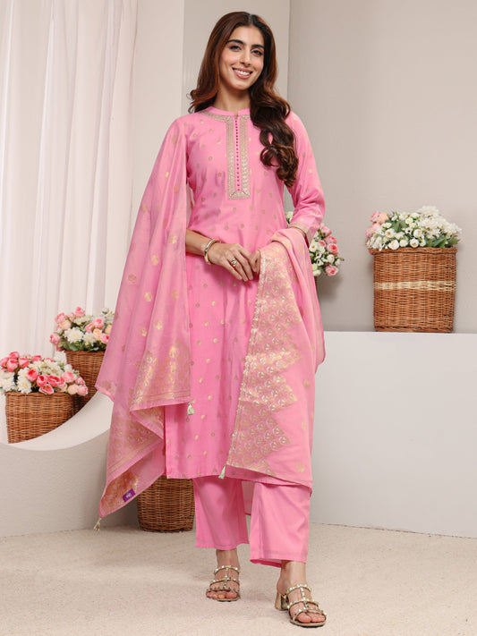 Pink Ethnic Woven Design Chanderi Silk Straight Suit Set With Dupatta