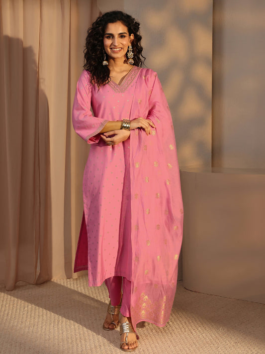 Pink Woven Design Chanderi Silk Straight Suit Set With Dupatta
