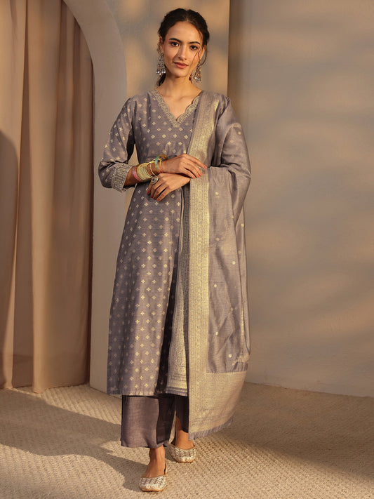 Grey Woven Design Chanderi Silk Straight Suit Set With Dupatta
