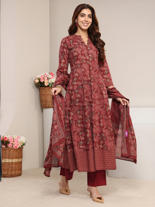 Rust Floral Printed Cotton A-Line Suit Set With Dupatta