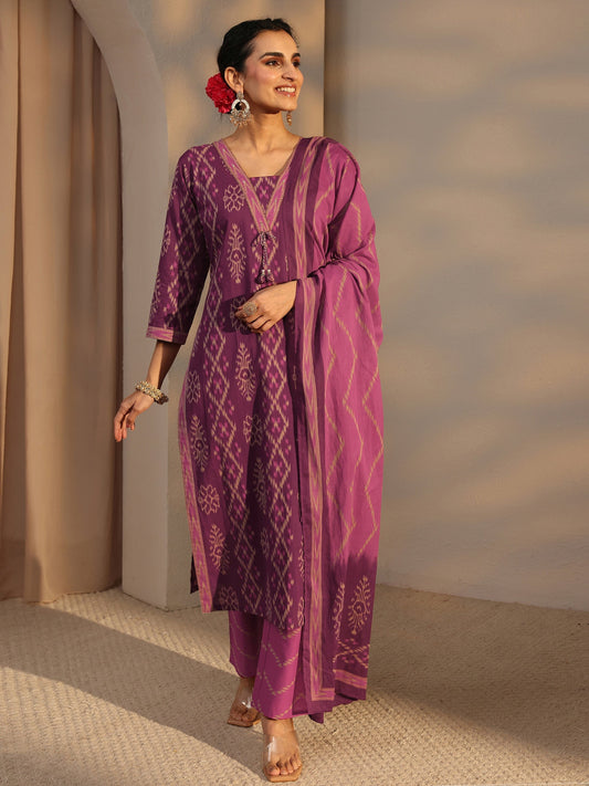 Purple Printed Cotton Straight Suit Set With Dupatta