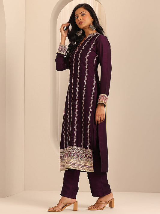 Libas Art Burgundy Embroidered Silk Blend Straight Suit Set With Dupatta