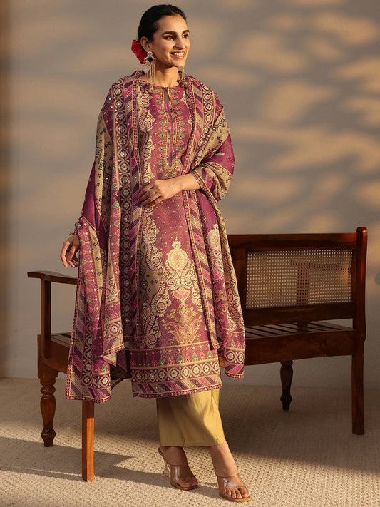 Beige Bandhani Printed Silk Blend Straight Suit Set With Dupatta