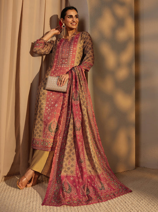Beige Bandhani Printed Silk Blend Straight Suit Set With Dupatta