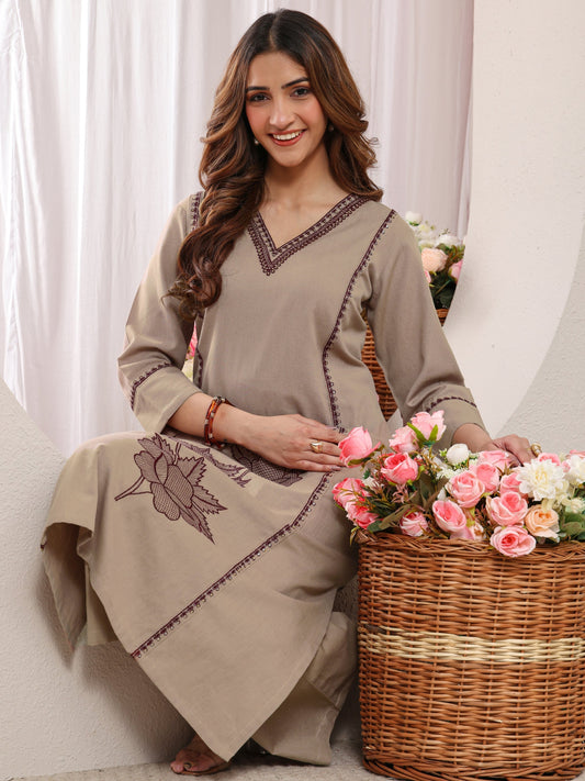Beige Floral Embroidered Cotton Straight Kurta Set