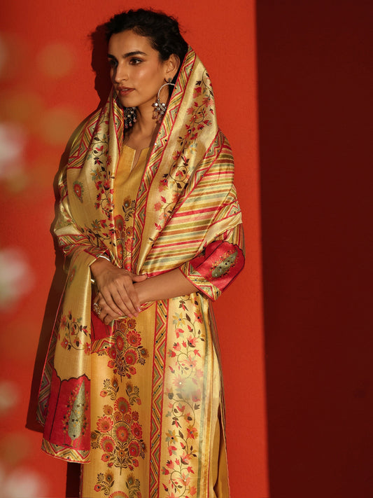 Beige Floral Printed Silk Blend Straight Suit Set With Dupatta