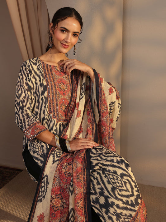 Black Printed Cotton Blend Straight Suit Set With Dupatta