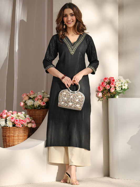 Black Striped Embellished Rayon Straight Kurta