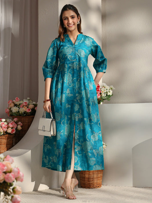 Blue Floral Printed Cotton A-Line One Piece Dress