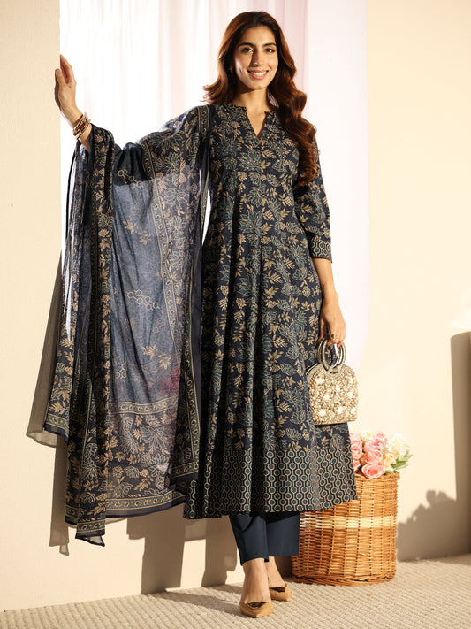 Blue Floral Printed Cotton A-Line Suit Set With Dupatta