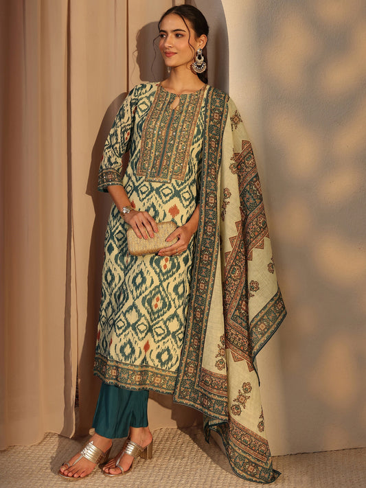Blue Printed Cotton Blend Straight Suit Set With Dupatta