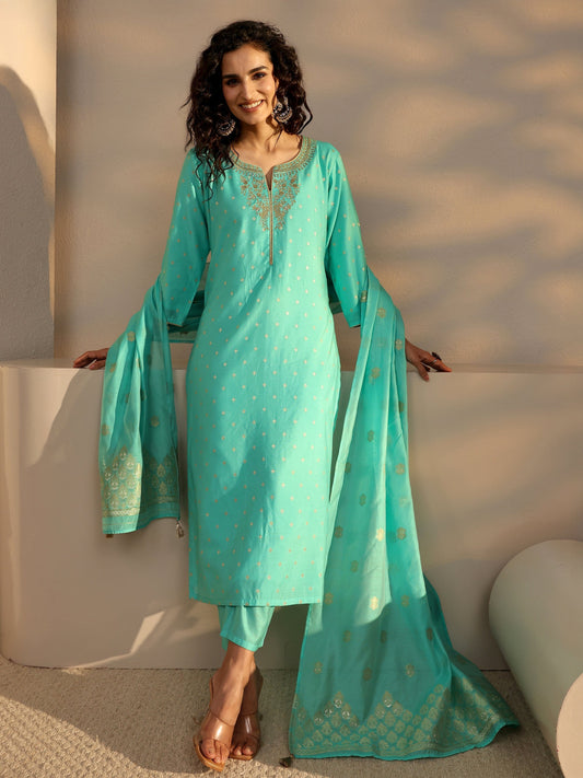 Blue Woven Design Chanderi Silk Straight Suit Set With Dupatta