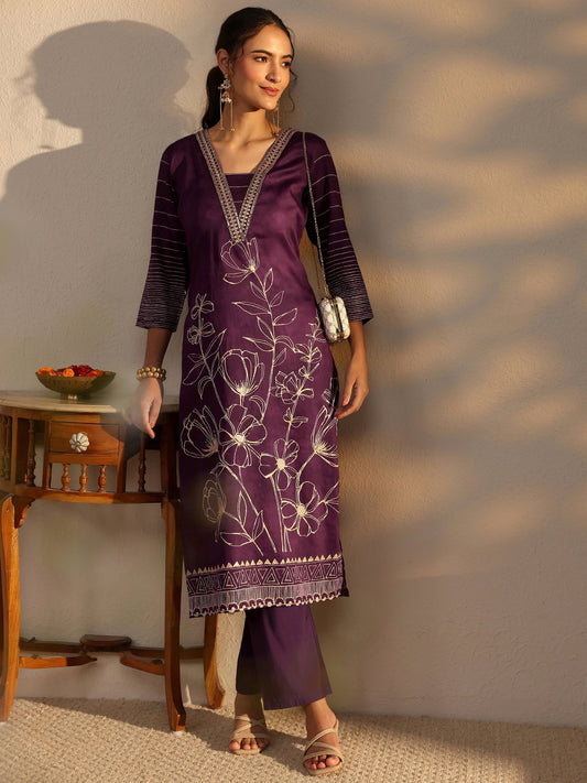Burgundy Floral Printed Cotton Straight Kurta