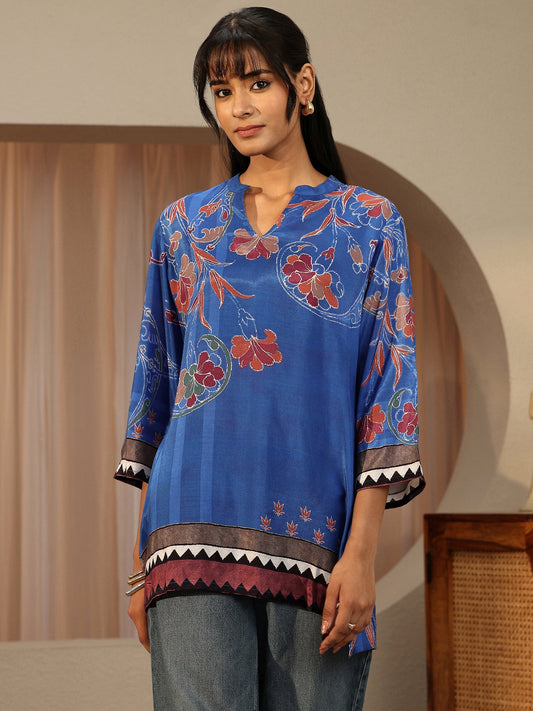 Cobalt Blue Floral Printed Muslin Straight Short Kurti