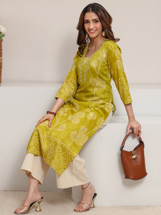 Green Floral Printed Cotton Straight Kurta