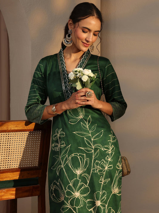 Green Floral Printed Cotton Straight Kurta